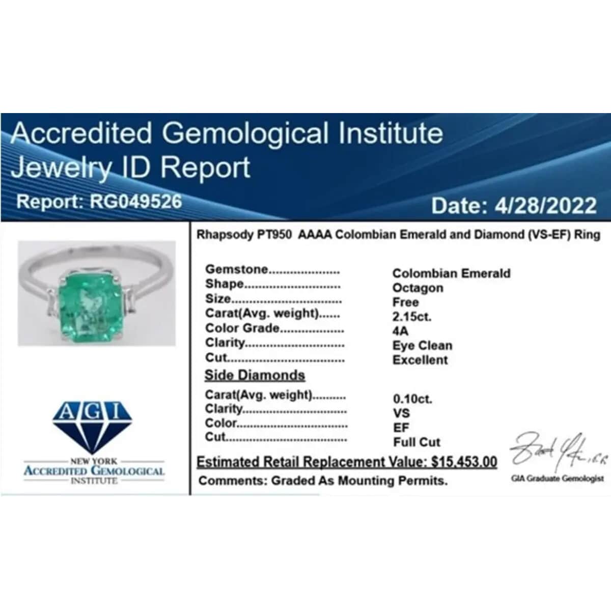 Certified & Appraised RHAPSODY 950 Platinum AAAA Boyaca Colombian Emerald and E-F VS Diamond Ring 4 Grams 2.25 ctw image number 6
