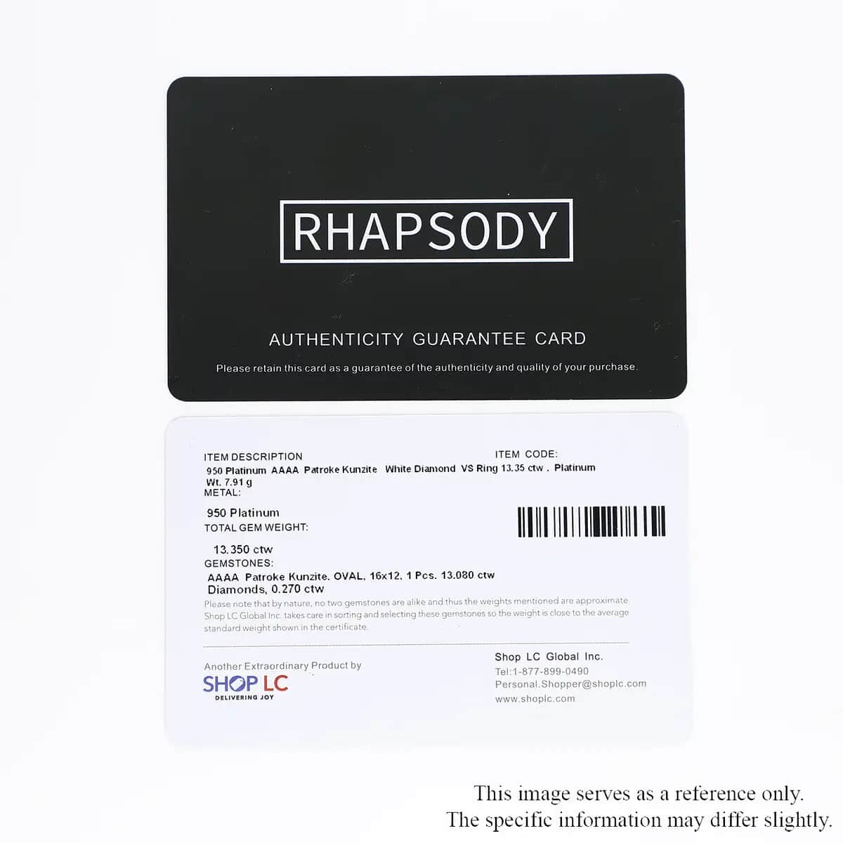 Certified Rhapsody 950 Platinum AAAA Patroke Kunzite and E-F VS Diamond Ring (Size 7.0) 7.90 Grams 13.35 ctw image number 7