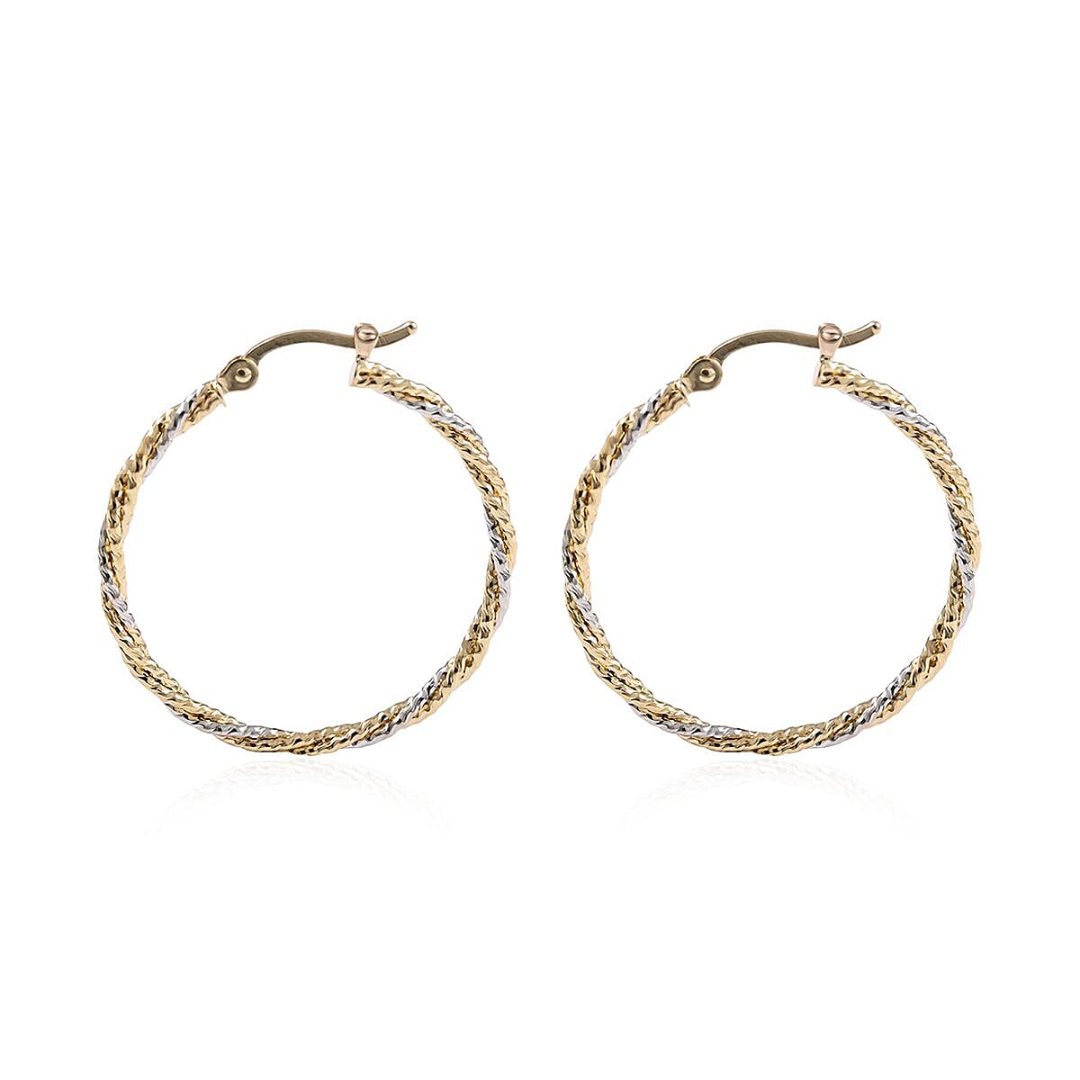14K Yellow and White Gold Diamond Cut Twisted Round Hoop Earrings 2.60 Grams image number 2