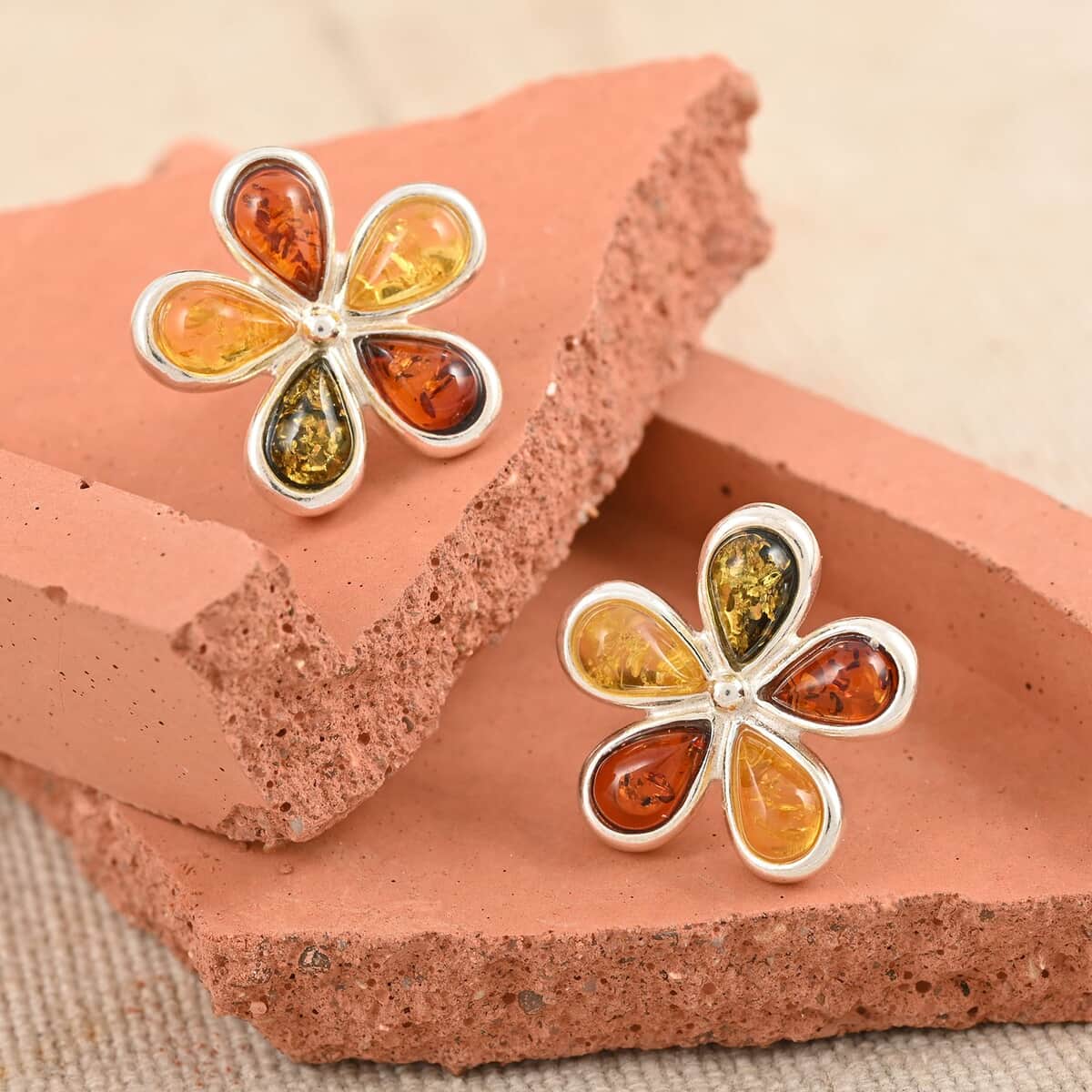 Multi Color Amber Flower Stud Earrings in Sterling Silver image number 1