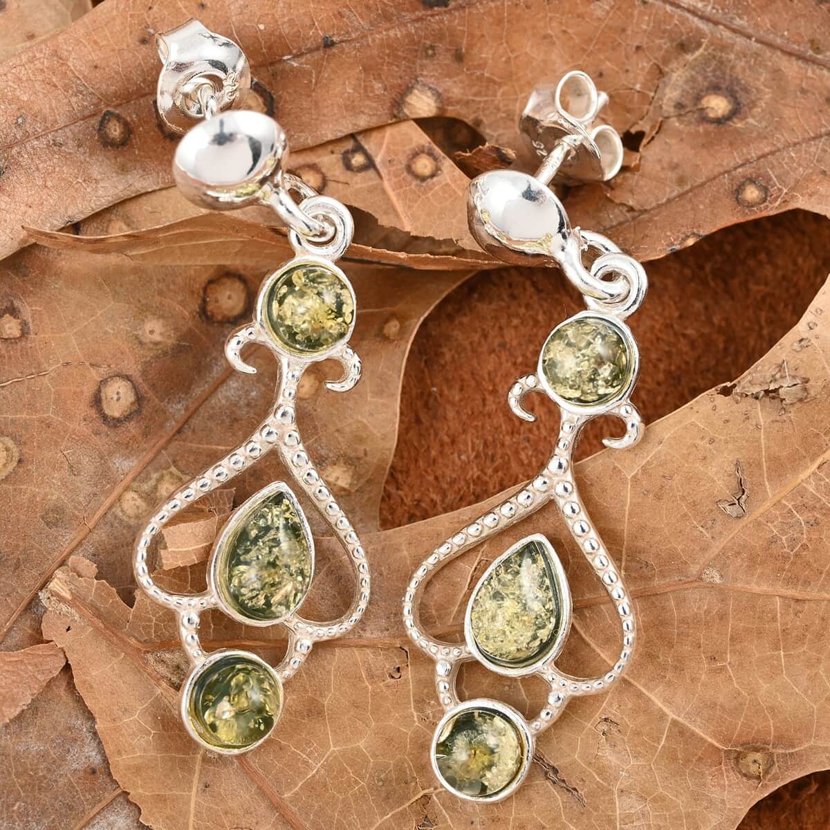 Mayan Green Amber Dangle Earrings in Sterling Silver image number 1