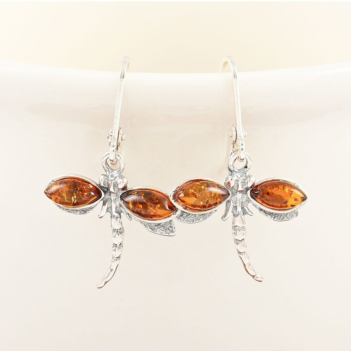 Baltic Cognac Colored Amber Dragonfly Dangle Earrings in Sterling Silver image number 1