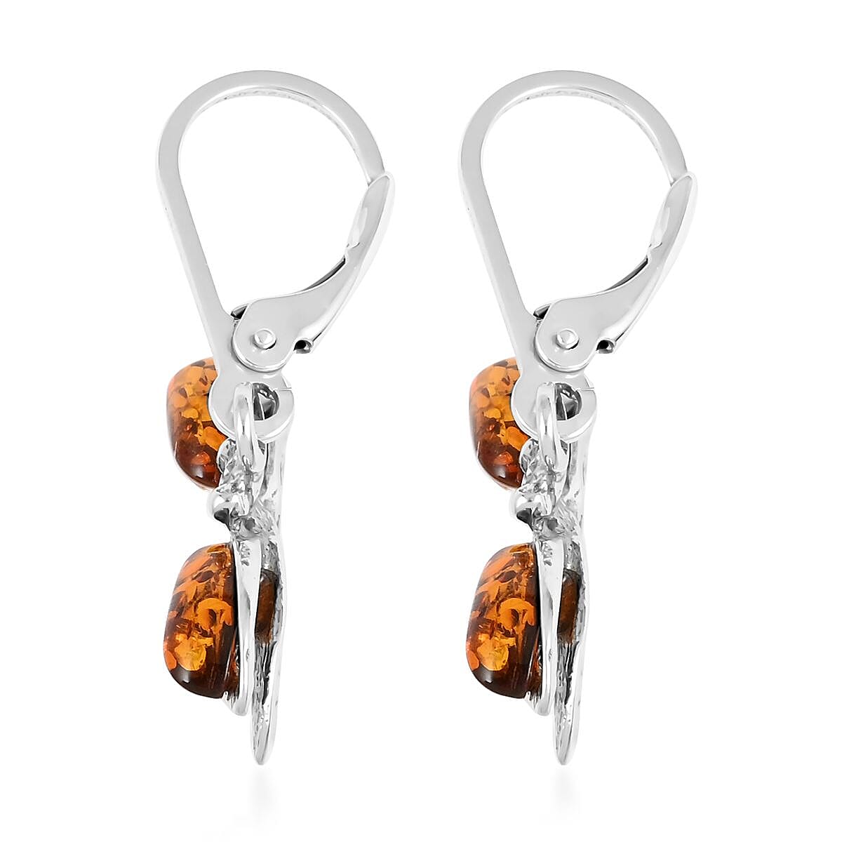 Baltic Cognac Colored Amber Dragonfly Dangle Earrings in Sterling Silver image number 3
