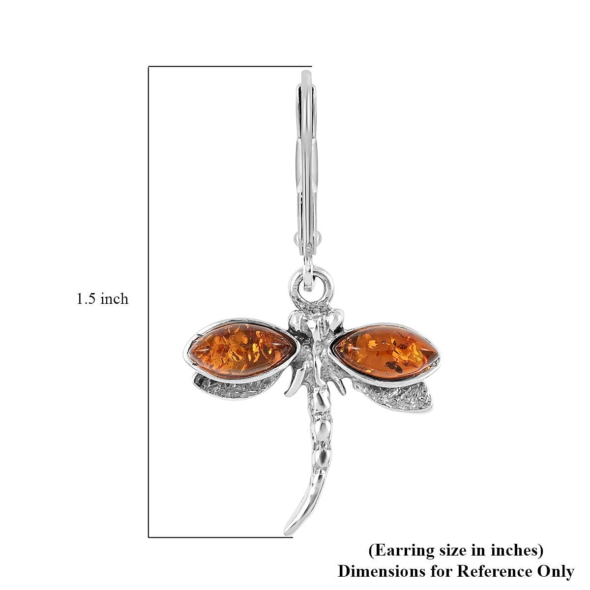 Baltic Cognac Colored Amber Dragonfly Dangle Earrings in Sterling Silver image number 4