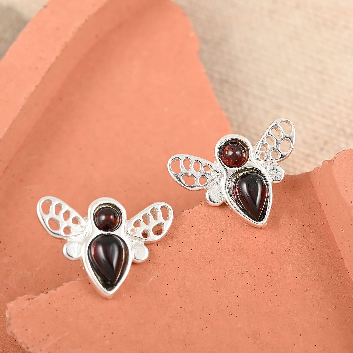 Baltic Cherry Colored Amber Insect Stud Earrings in Sterling Silver image number 1