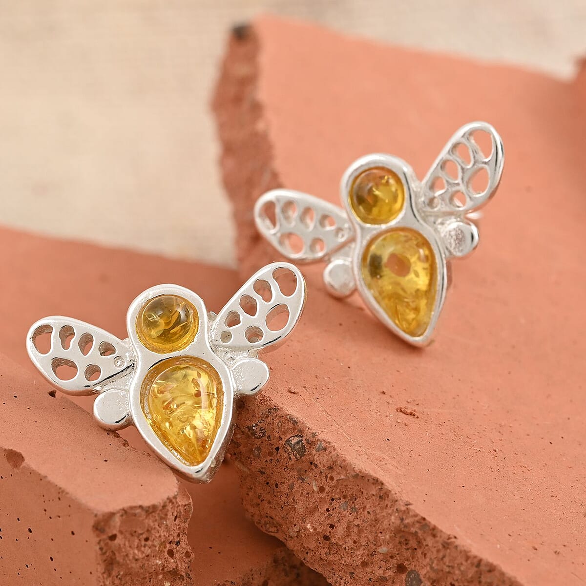 Yellow Amber Insect Stud Earrings in Sterling Silver image number 1