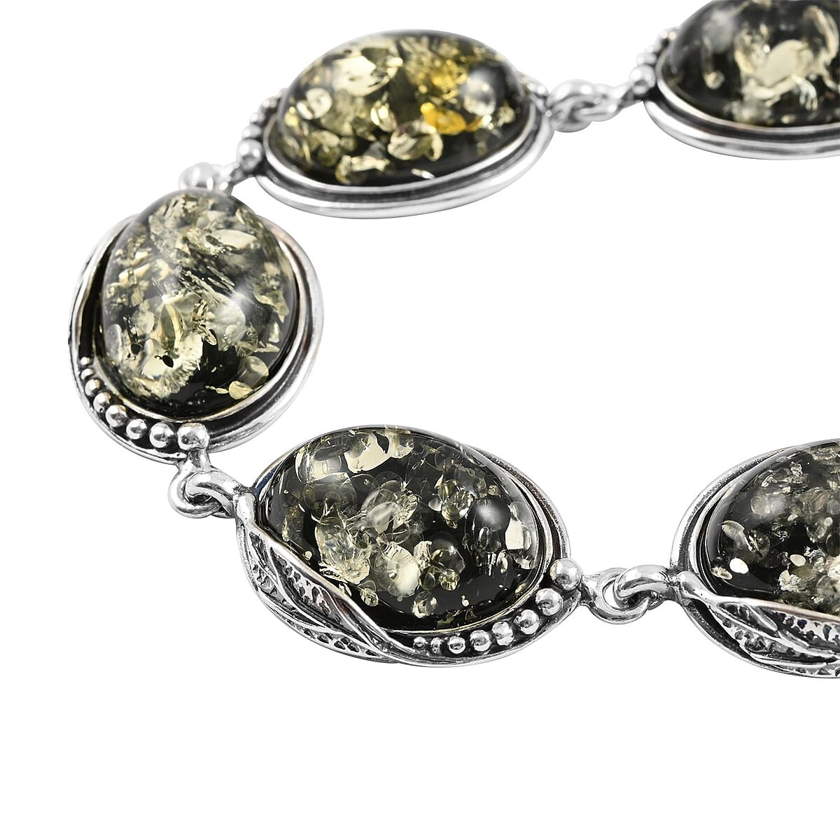 Mayan Green Amber Link Bracelet in Sterling Silver (8.50 In) image number 2
