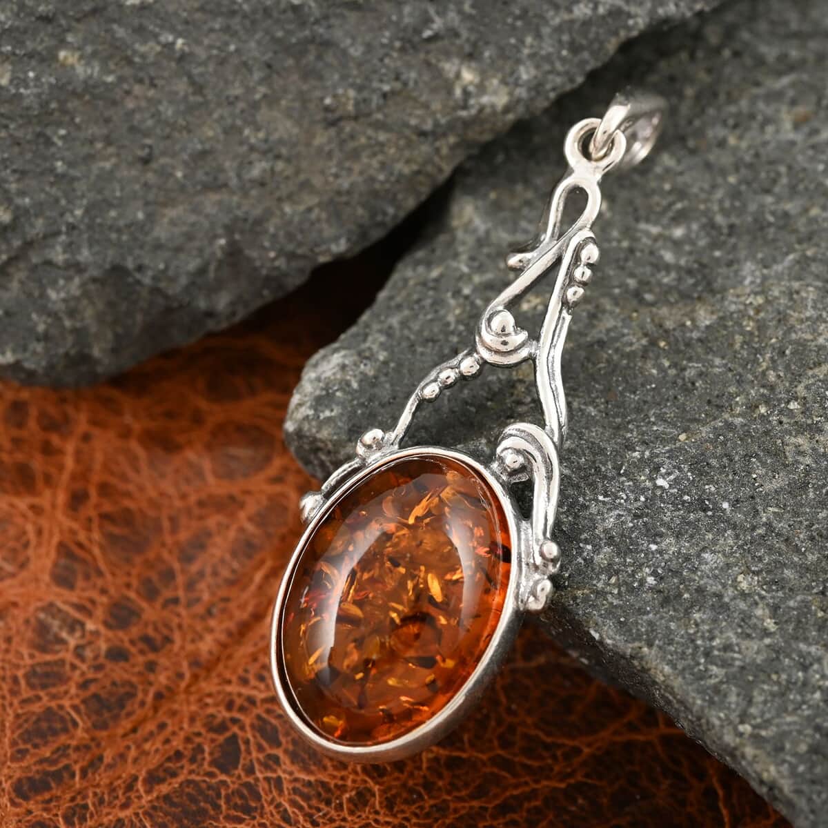 Baltic Cognac Colored Amber Pendant in Sterling Silver image number 1