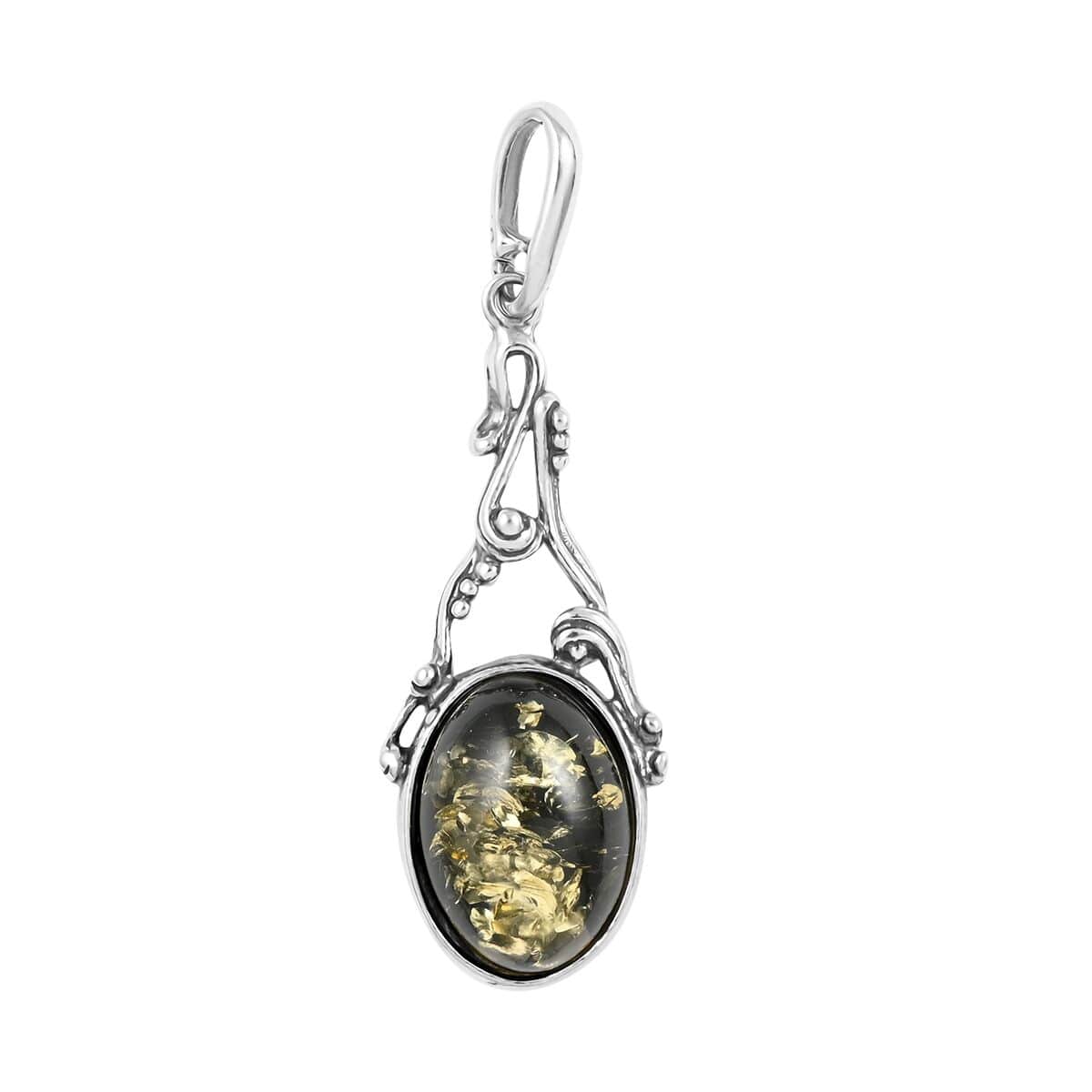 Mayan Green Amber Pendant in Sterling Silver image number 0