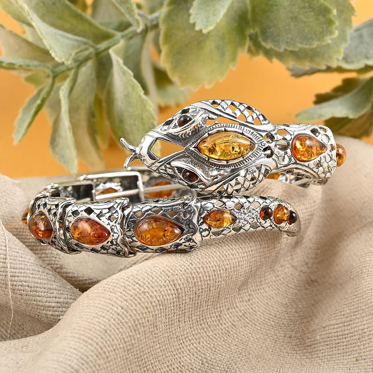 Baltic Cognac Colored Amber Wrap Around Snake Bracelet in Sterling Silver (Adjustable) image number 1