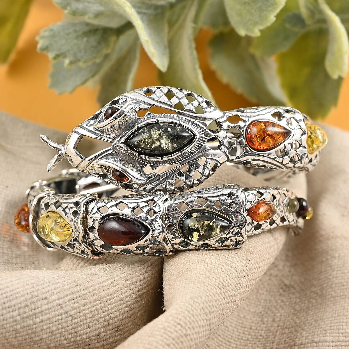 Multi Amber Wrap Around Snake Bracelet in Sterling Silver (Adjustable) image number 1