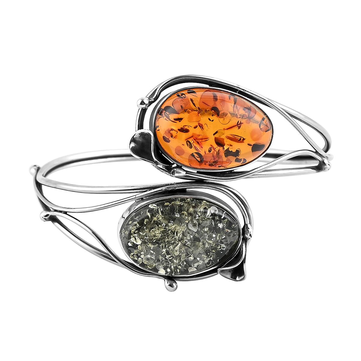 Multi Color Amber Wrap Around Bangle Bracelet in Sterling Silver (Adjustable) image number 0