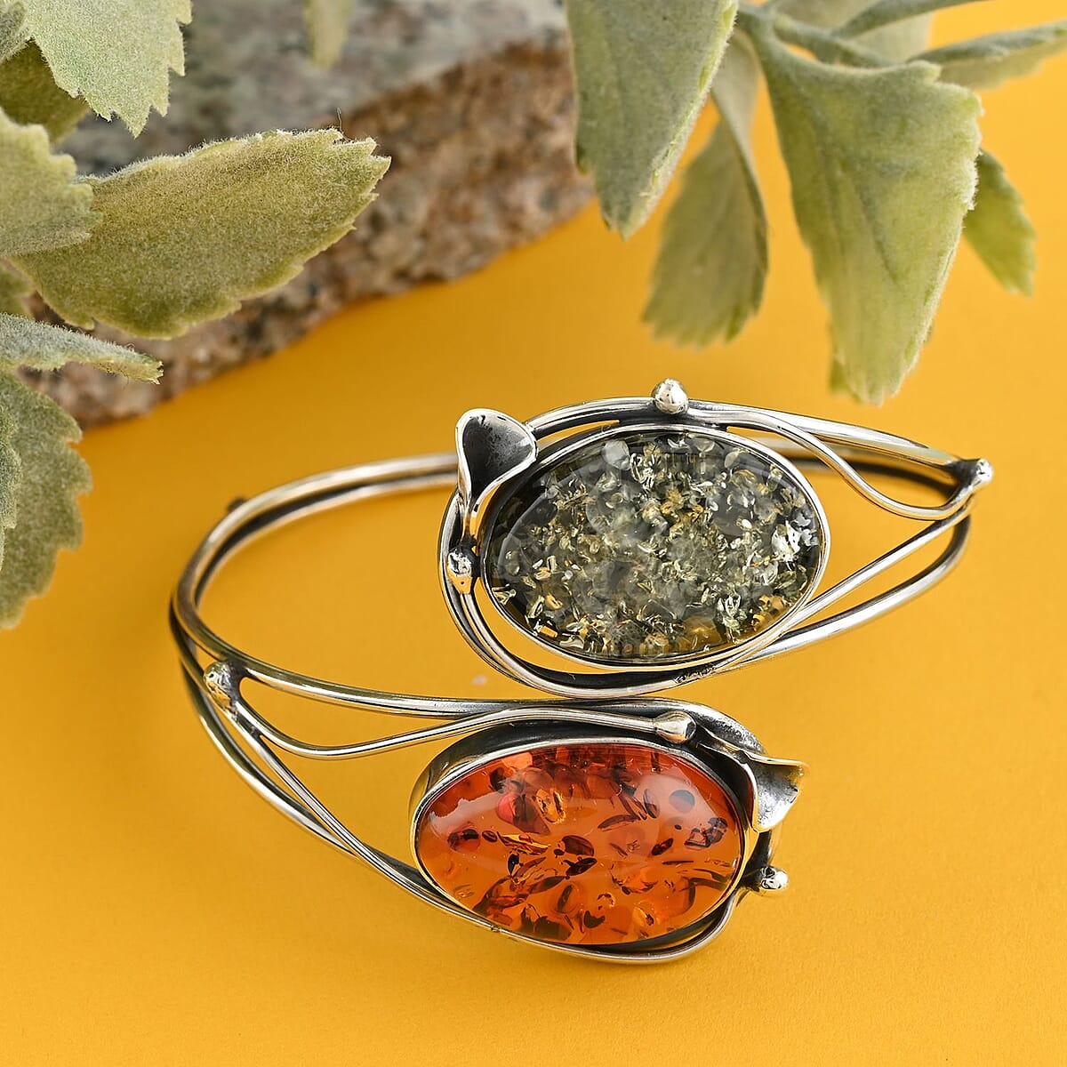 Multi Color Amber Wrap Around Bangle Bracelet in Sterling Silver (Adjustable) image number 1
