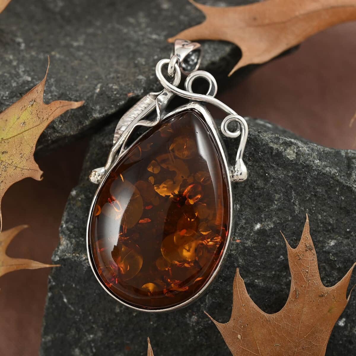 Baltic Cognac Colored Amber Pendant in Sterling Silver image number 1