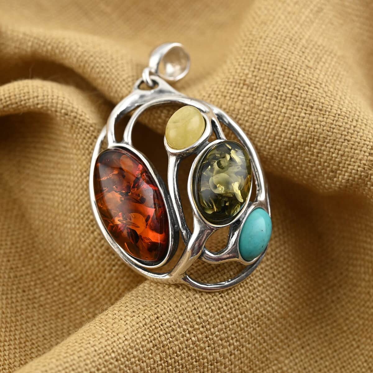 Multi Color Amber, Turquoise Pendant in Sterling Silver image number 1