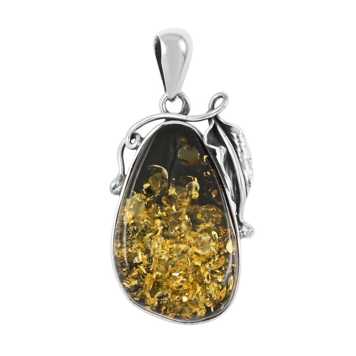 Mayan Green Amber Pendant in Sterling Silver image number 0