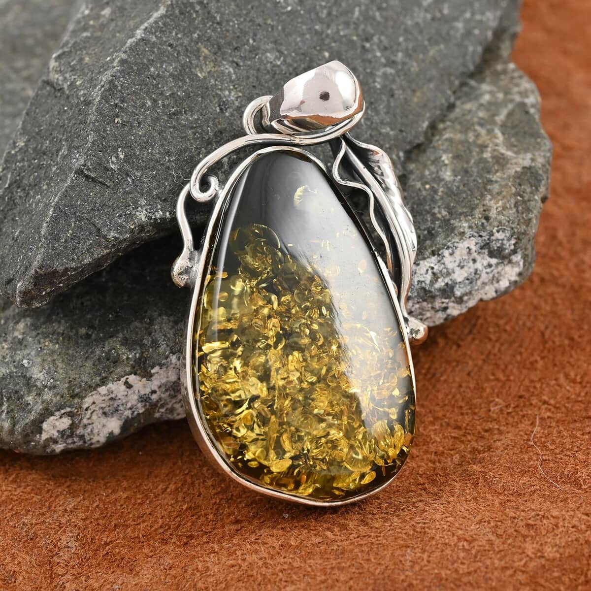 Mayan Green Amber Pendant in Sterling Silver image number 1