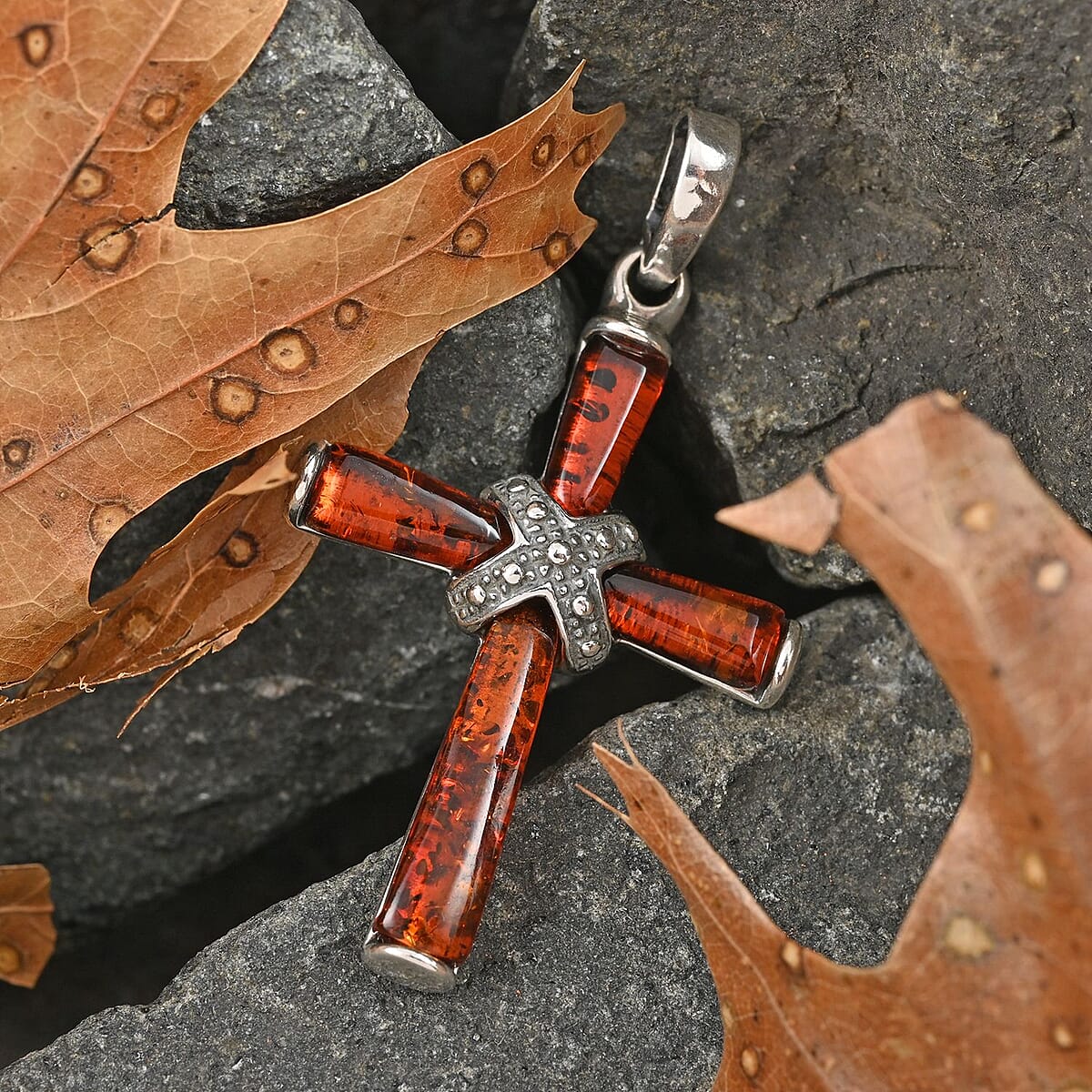 Baltic Cognac Colored Amber Cross Pendant in Sterling Silver image number 1