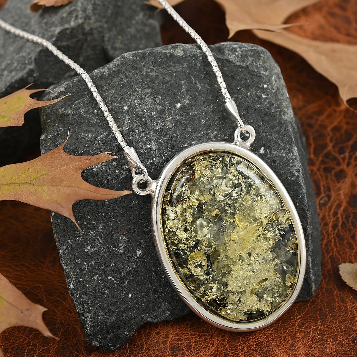 Mayan Green Amber Bolo Necklace (Adjustable) in Sterling Silver image number 1