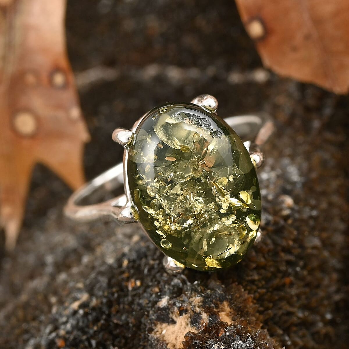 Mayan Green Amber Ring in Sterling Silver image number 1