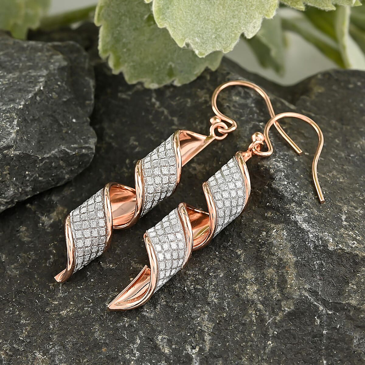 14K Rose Gold Plated Sterling Silver Glitter Sandblast Spiral Earrings 3.20 Grams image number 1