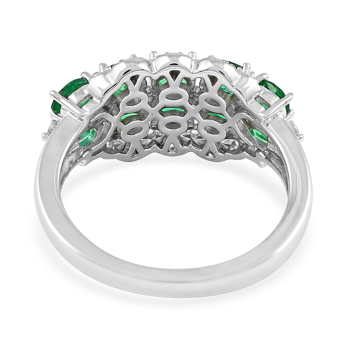 AAA Kagem Zambian Intense Green Emerald and Natural White Zircon Ring in Rhodium Over Sterling Silver 1.90 ctw image number 4