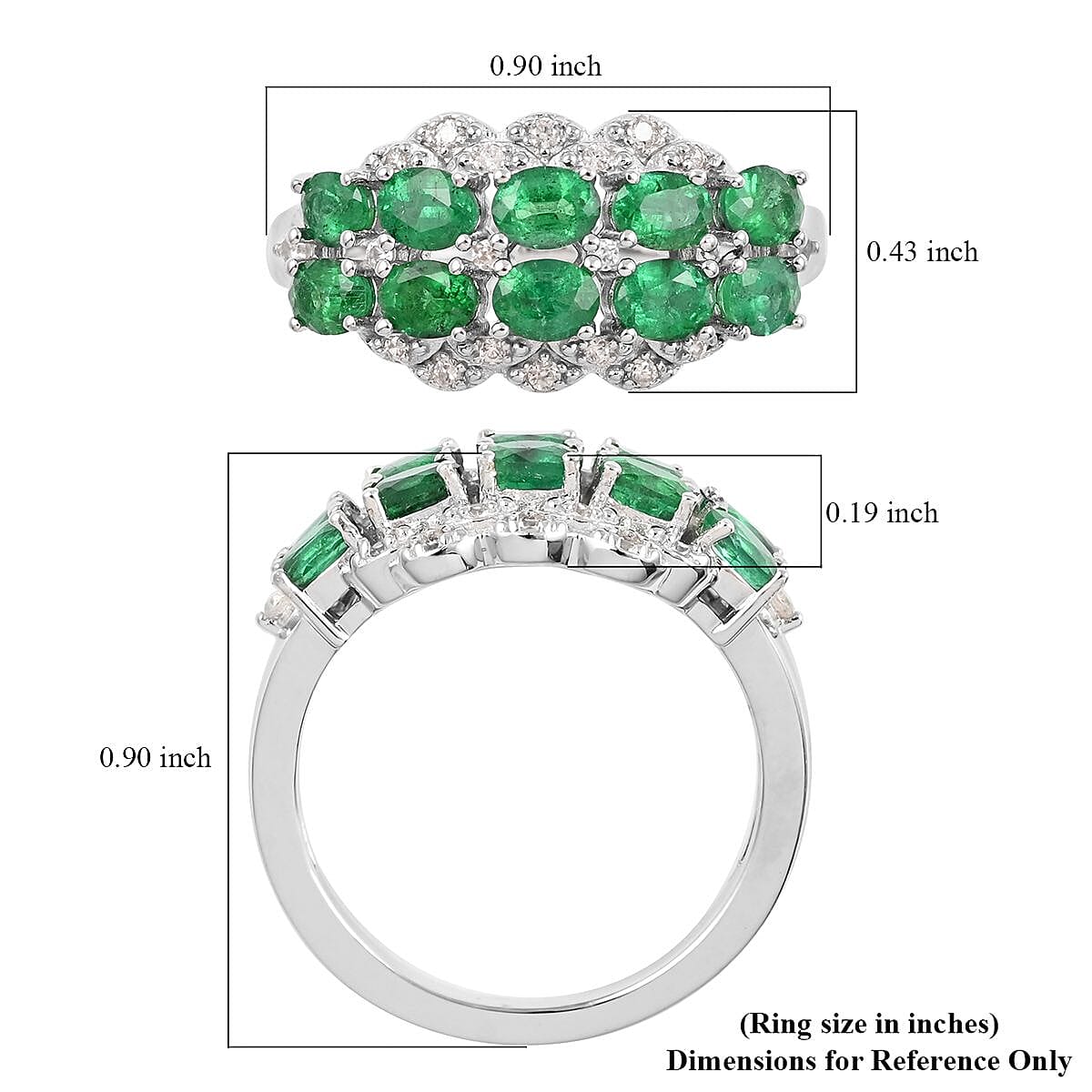 AAA Kagem Zambian Intense Green Emerald and Natural White Zircon Ring in Rhodium Over Sterling Silver 1.90 ctw image number 5