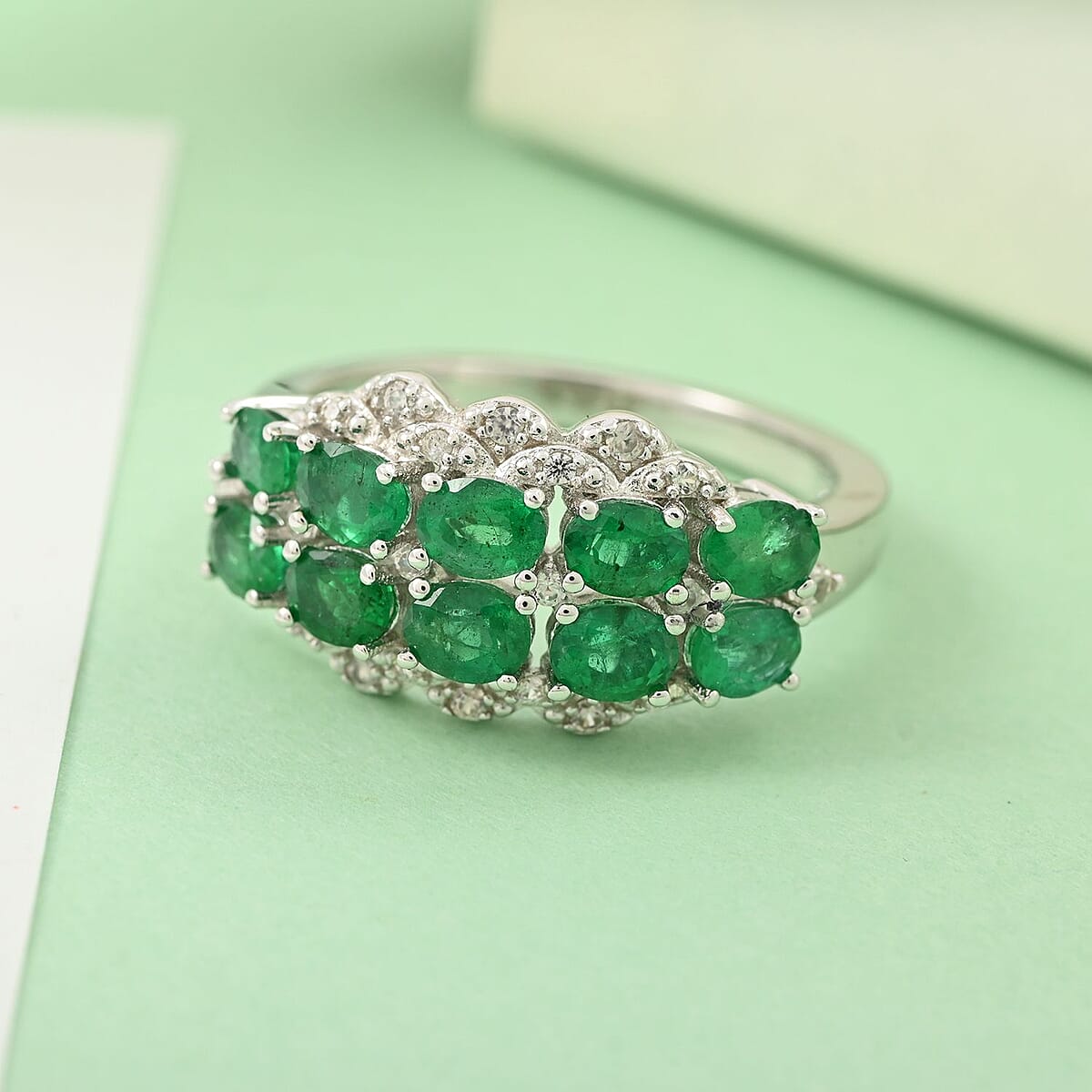 AAA Kagem Emerald and Natural White Zircon Ring in Rhodium Over Sterling Silver (Size 10.0) 1.90 ctw image number 1