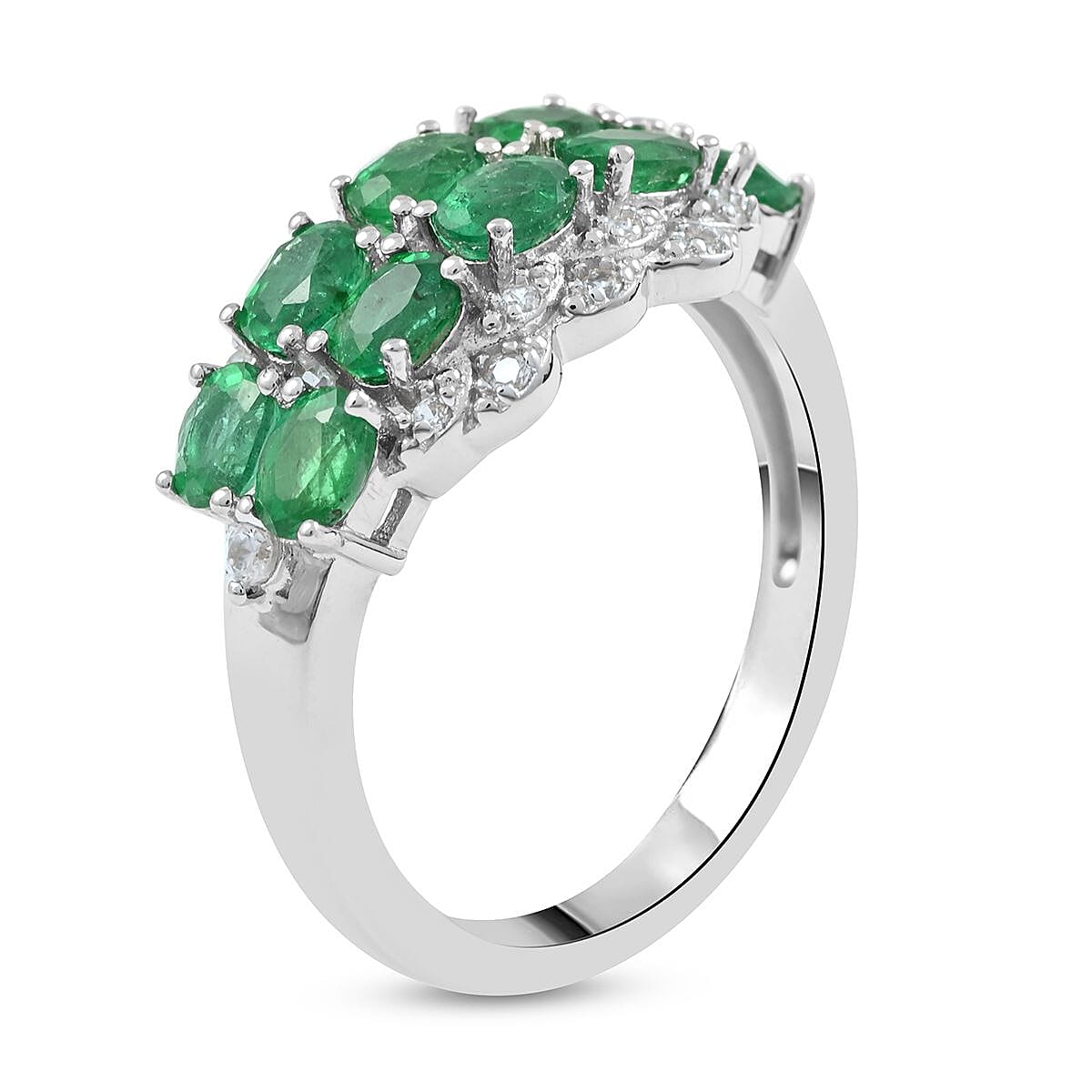 AAA Kagem Emerald and Natural White Zircon Ring in Rhodium Over Sterling Silver (Size 10.0) 1.90 ctw image number 3