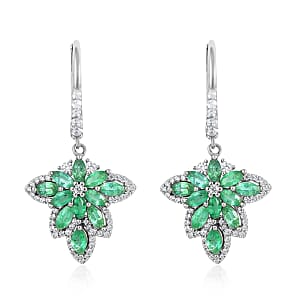 AAA Kagem Emerald and White Zircon Lever Back Earrings in Rhodium Over Sterling Silver 2.40 ctw