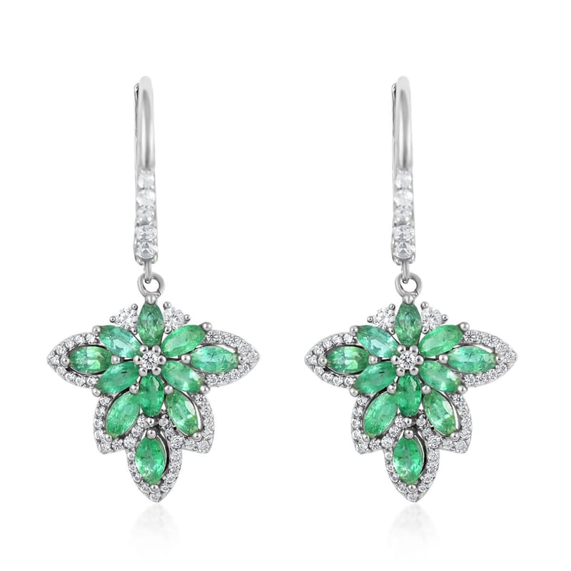 AAA Kagem Emerald and White Zircon Lever Back Earrings in Rhodium Over Sterling Silver 2.40 ctw