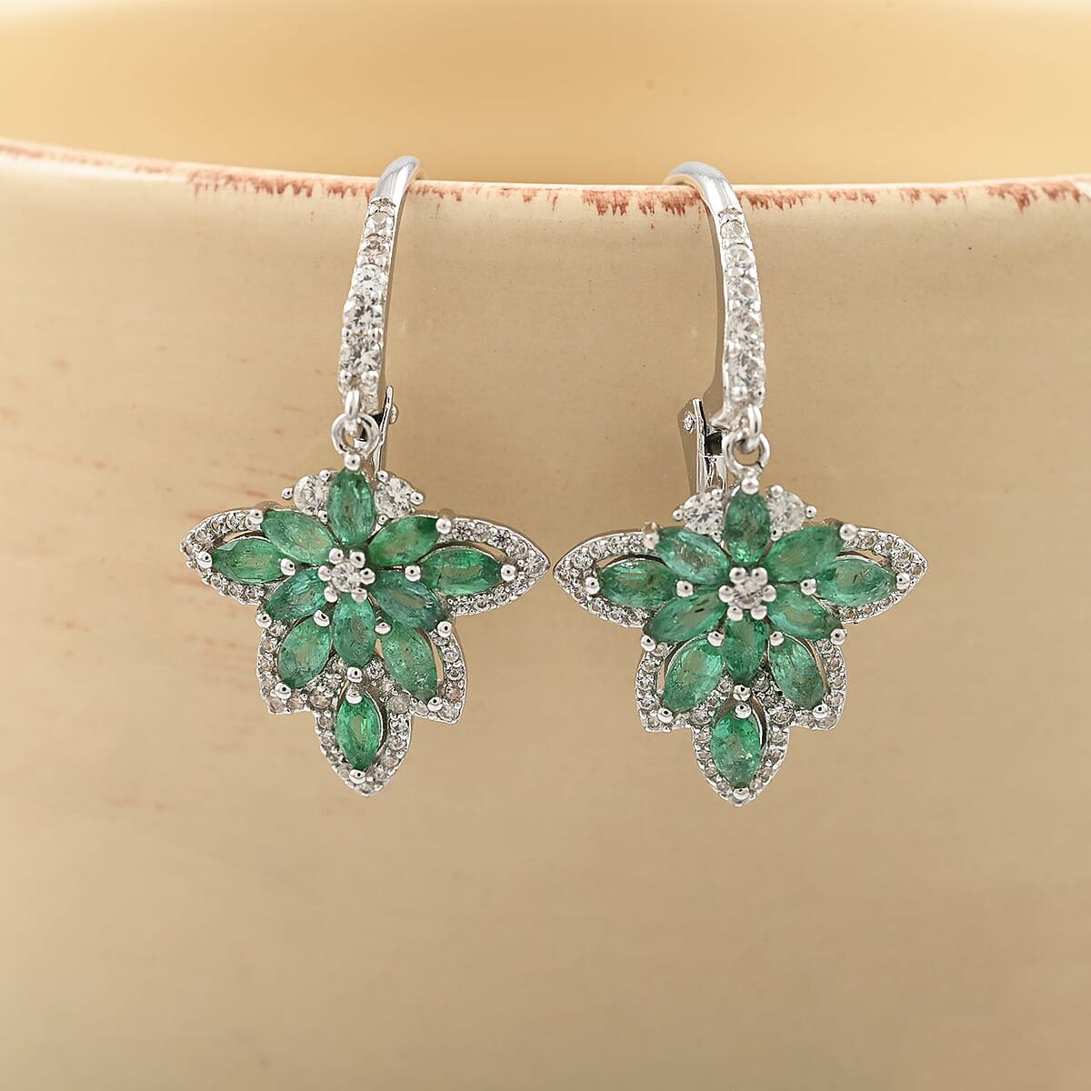 AAA Kagem Emerald and White Zircon Lever Back Earrings in Rhodium Over Sterling Silver 2.40 ctw image number 1