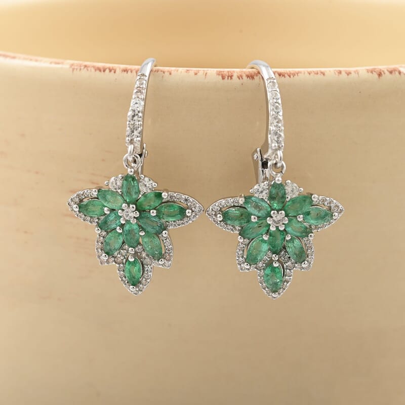 AAA Kagem Emerald and White Zircon Lever Back Earrings in Rhodium Over Sterling Silver 2.40 ctw