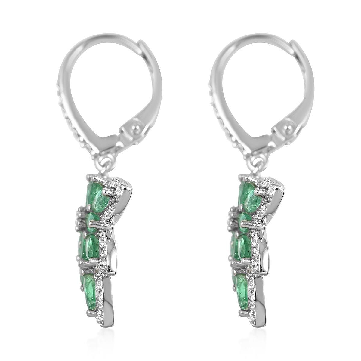 AAA Kagem Emerald and White Zircon Lever Back Earrings in Rhodium Over Sterling Silver 2.40 ctw image number 3