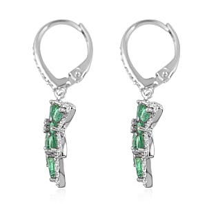 AAA Kagem Emerald and White Zircon Lever Back Earrings in Rhodium Over Sterling Silver 2.40 ctw