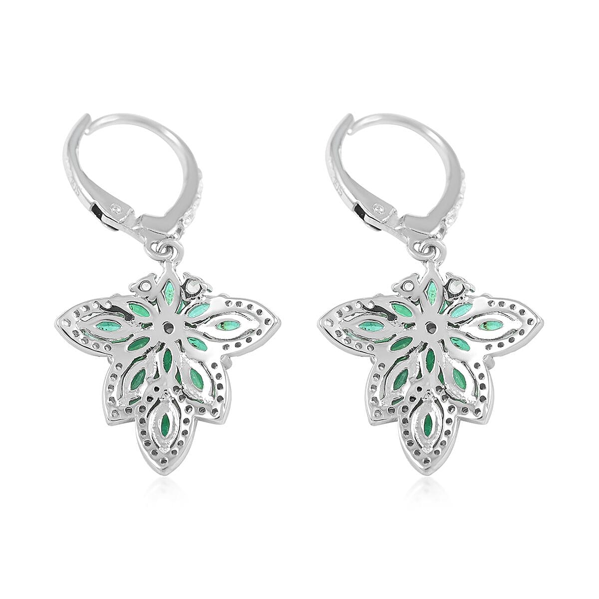 AAA Kagem Emerald and White Zircon Lever Back Earrings in Rhodium Over Sterling Silver 2.40 ctw image number 4
