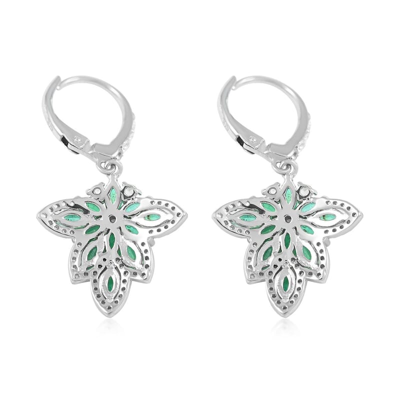 AAA Kagem Emerald and White Zircon Lever Back Earrings in Rhodium Over Sterling Silver 2.40 ctw