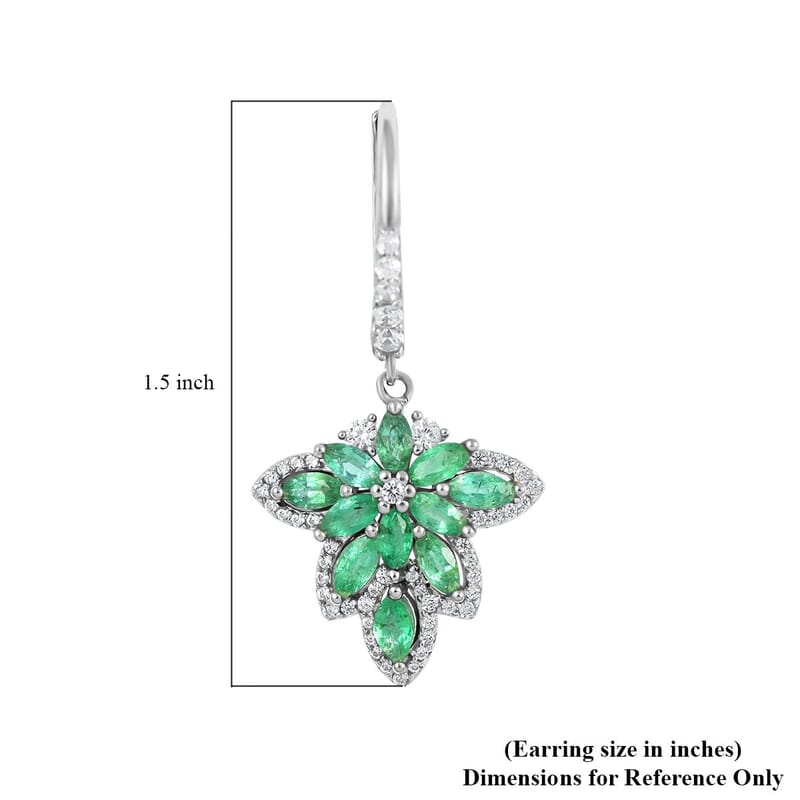 AAA Kagem Emerald and White Zircon Lever Back Earrings in Rhodium Over Sterling Silver 2.40 ctw