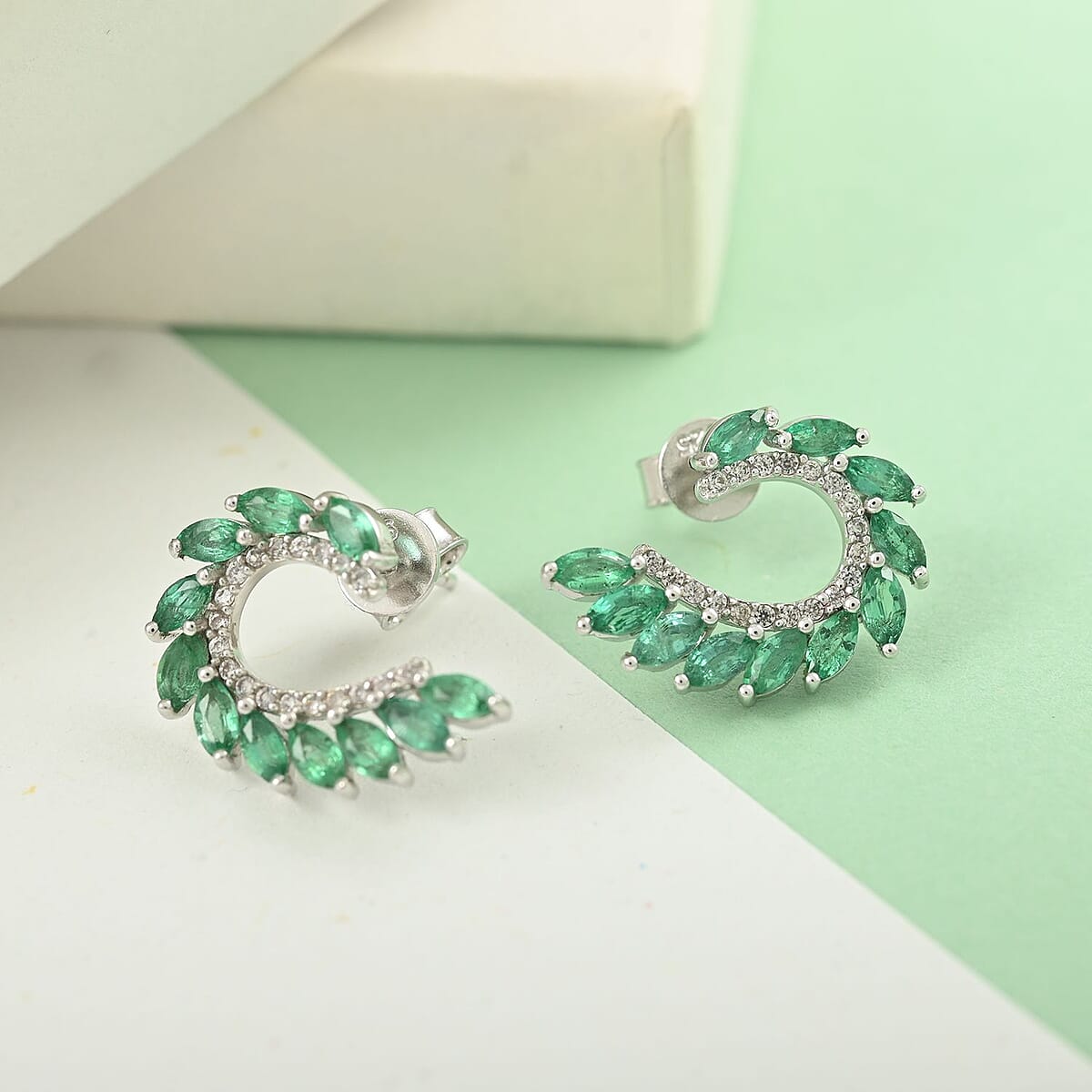 AAA Kagem Emerald Earrings | White Zircon Accent Earrings | Fashion Earrings | Sterling Silver Earrings 1.85 ctw image number 2