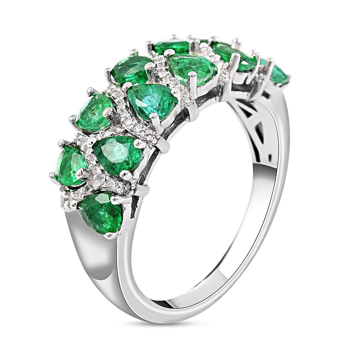 AAA Kagem Zambian Intense Green Emerald and Natural White Zircon Ring in Rhodium Over Sterling Silver (Size 6.0) 1.80 ctw