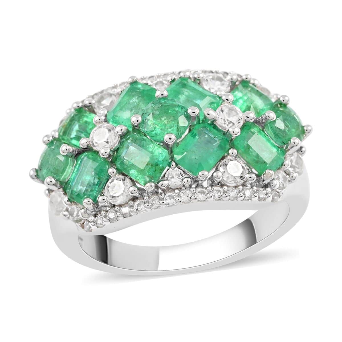 AAA Kagem Zambian Intense Green Emerald and Natural White Zircon Ring in Rhodium Over Sterling Silver 3.40 ctw image number 0