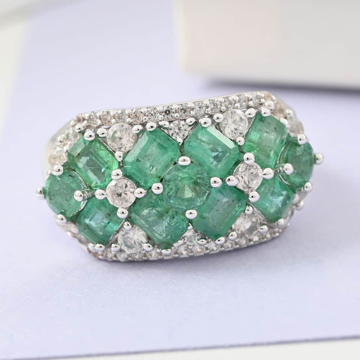 AAA Kagem Zambian Intense Green Emerald and Natural White Zircon Ring in Rhodium Over Sterling Silver 3.40 ctw image number 1