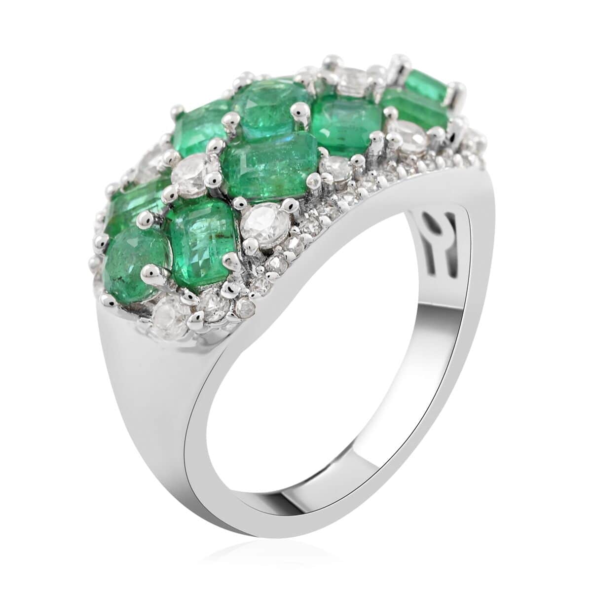 Buy AAA Kagem Emerald and White Zircon Ring in Rhodium Over Sterling ...