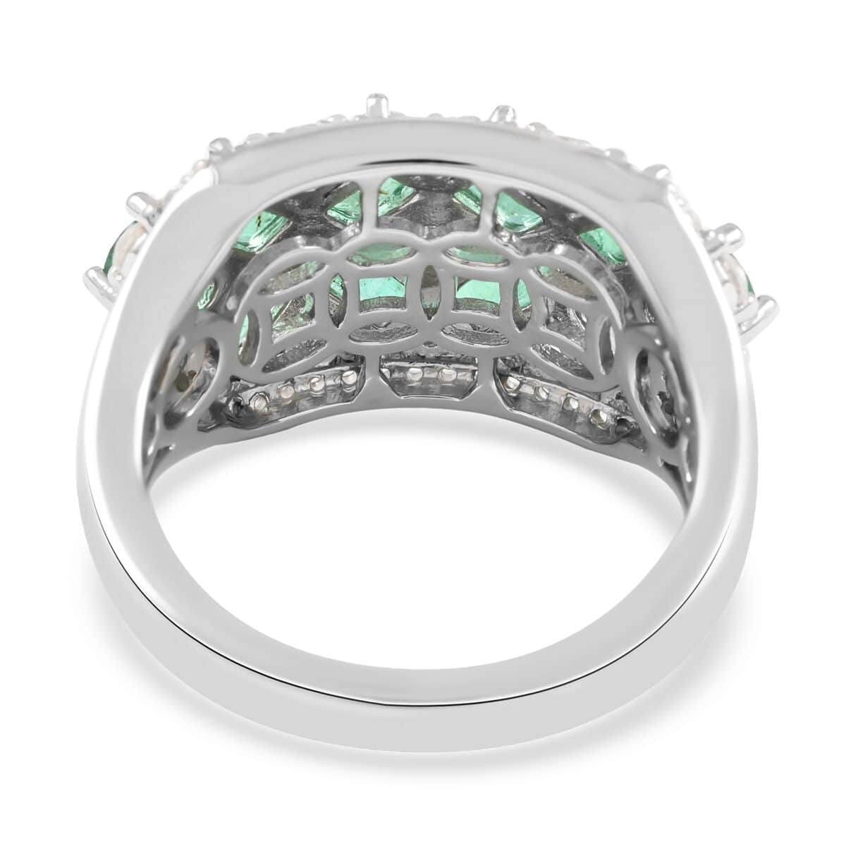 AAA Kagem Zambian Intense Green Emerald and Natural White Zircon Ring in Rhodium Over Sterling Silver 3.40 ctw image number 4