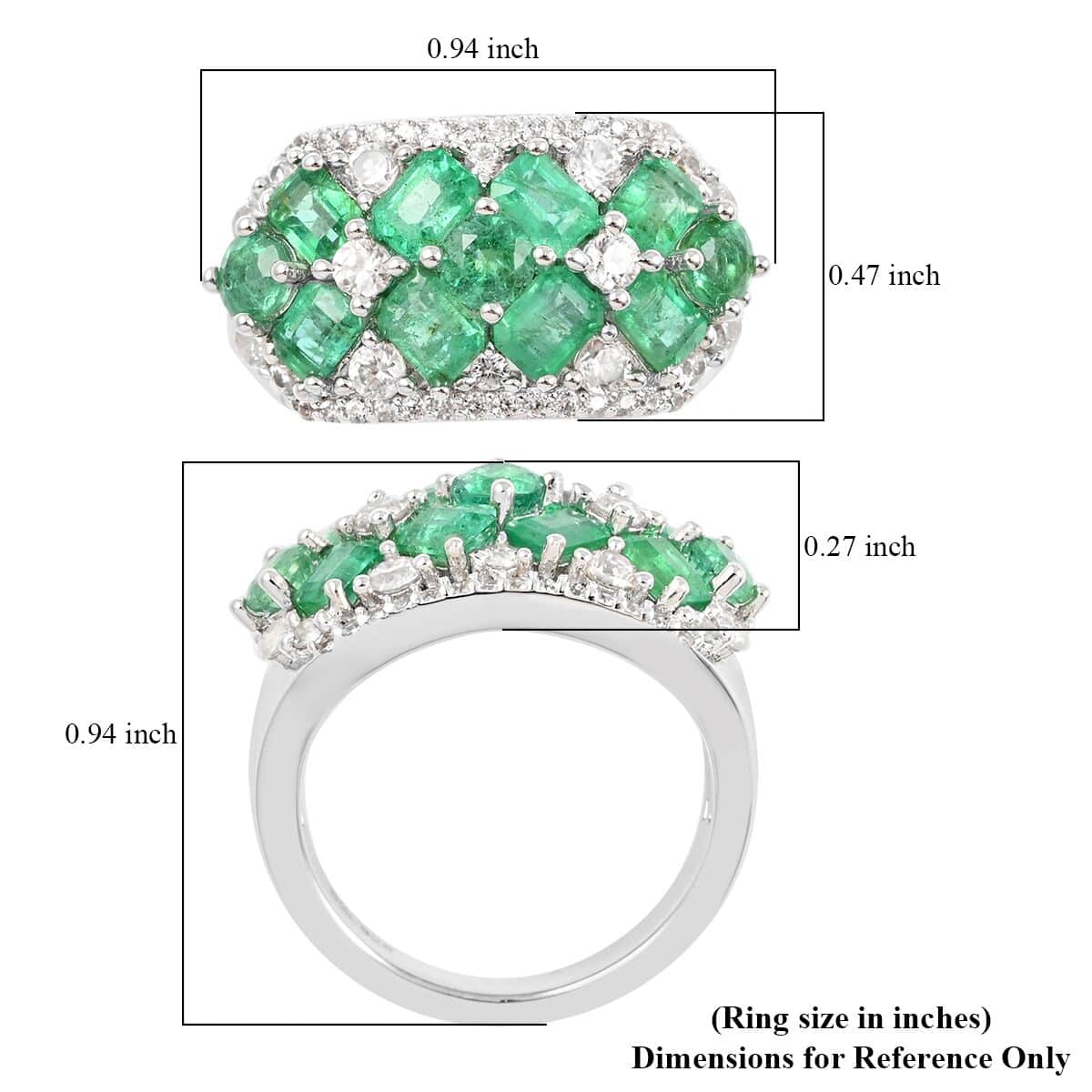 AAA Kagem Zambian Intense Green Emerald and Natural White Zircon Ring in Rhodium Over Sterling Silver 3.40 ctw image number 5