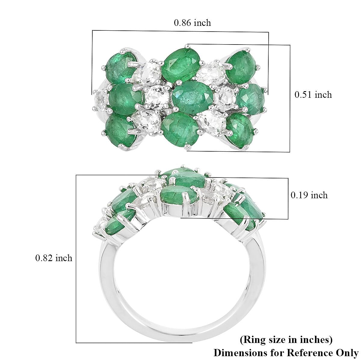 AAA Kagem Zambian Intense Green Emerald and White Topaz Ring in Rhodium Over Sterling Silver (Size 6.0) 4.20 ctw