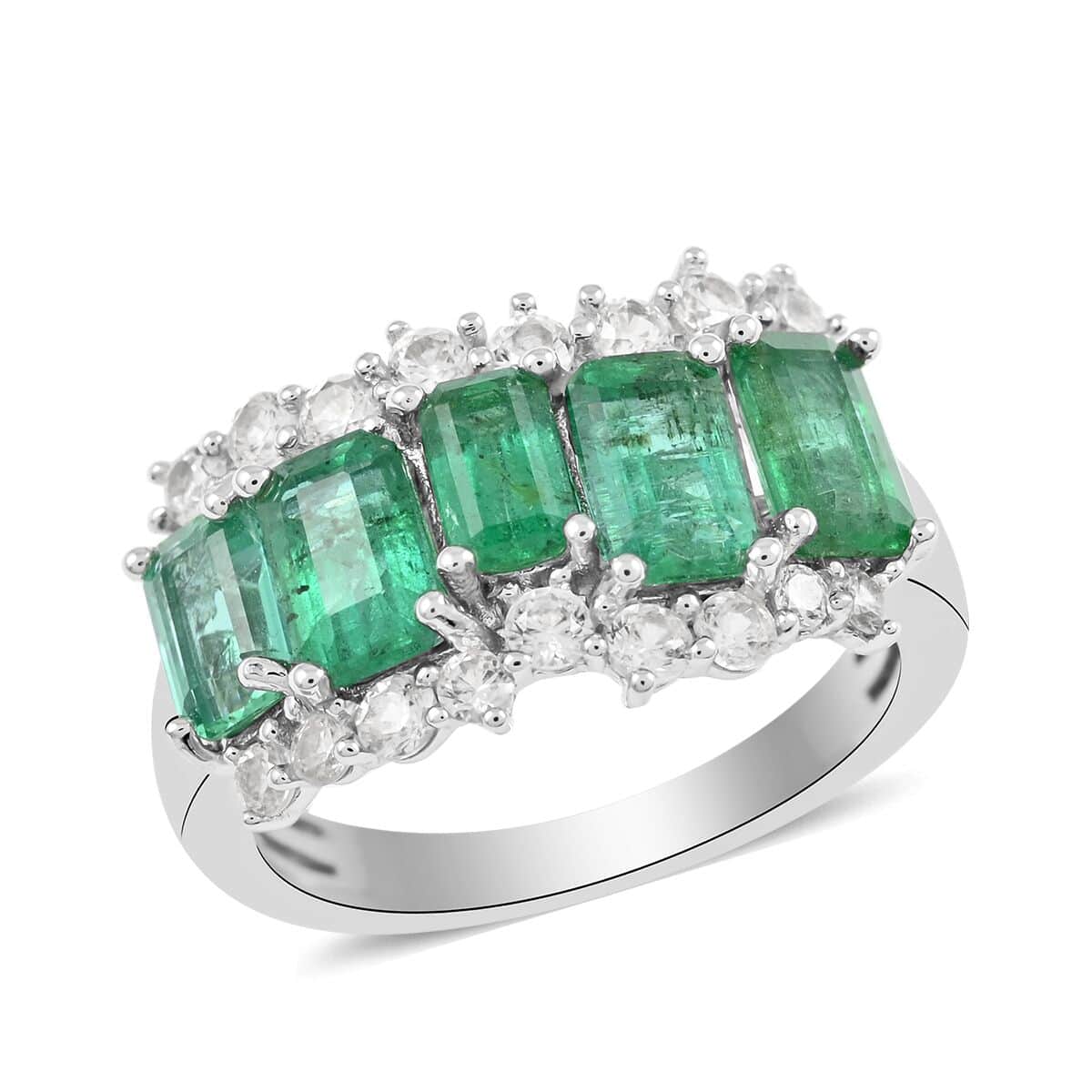 Buy AAA Kagem Zambian Intense Green Emerald, Natural White Zircon Ring ...