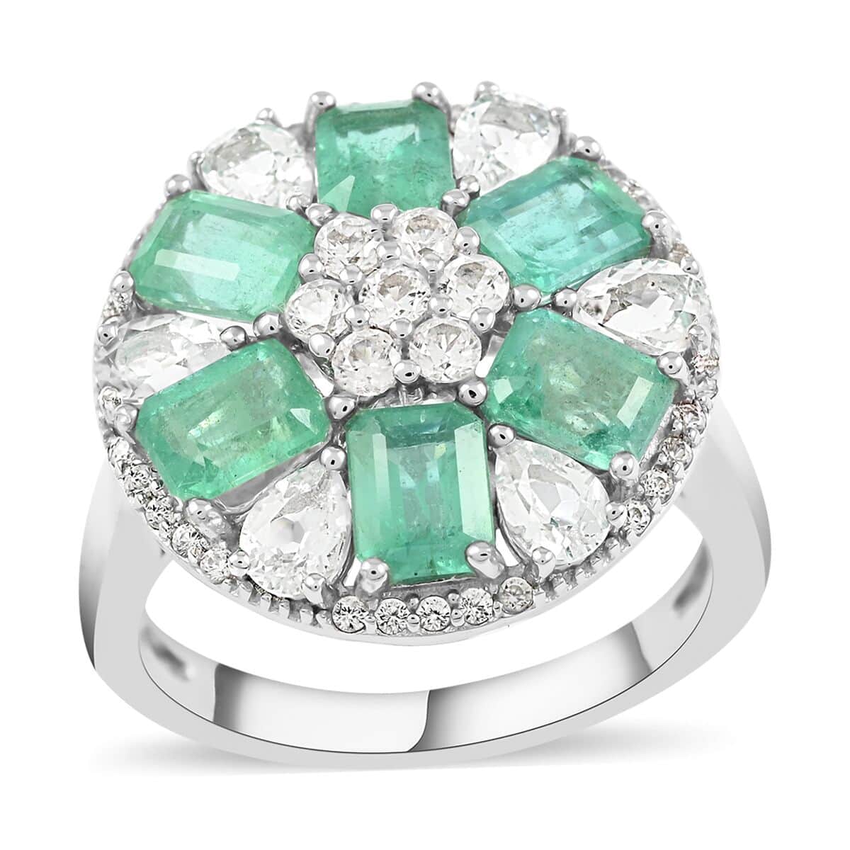 AAA Kagem Zambian Intense Green Emerald and Multi Gemstone Floral Ring in Rhodium Over Sterling Silver (Size 6.0) 4.35 ctw image number 0
