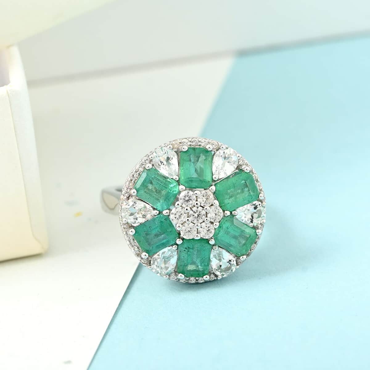 AAA Kagem Zambian Intense Green Emerald and Multi Gemstone Floral Ring in Rhodium Over Sterling Silver (Size 6.0) 4.35 ctw image number 1