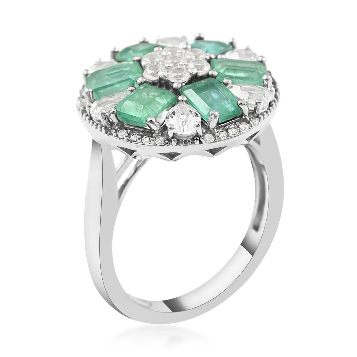 AAA Kagem Zambian Intense Green Emerald and Multi Gemstone Floral Ring in Rhodium Over Sterling Silver (Size 6.0) 4.35 ctw image number 3